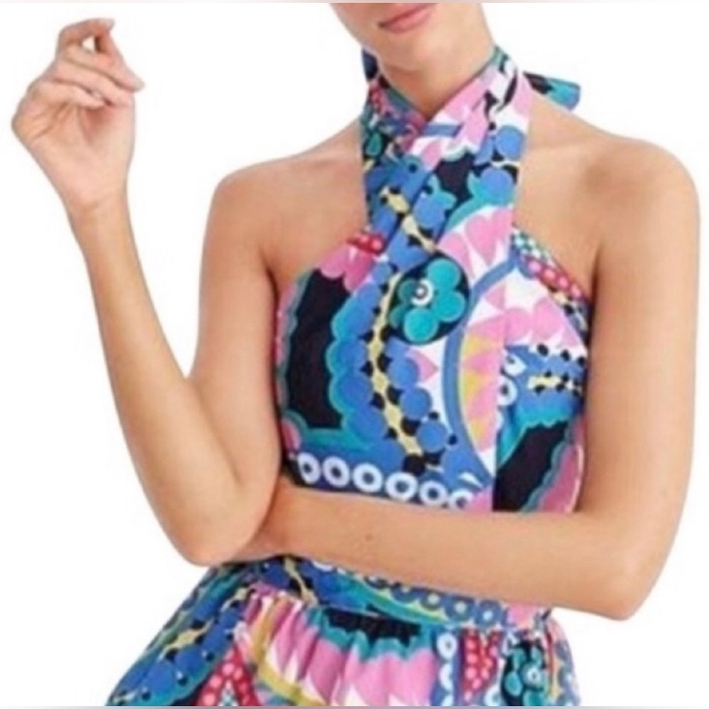 J. Crew Blue and Pink Patterned Halter Blouse